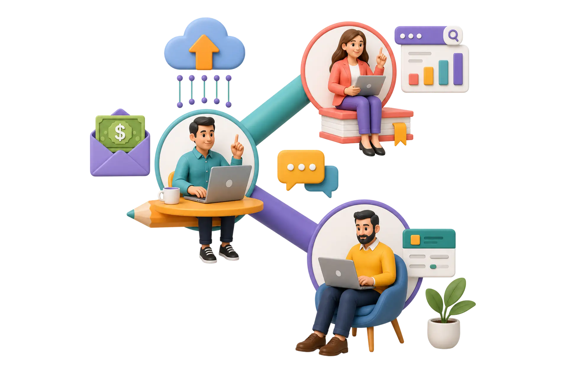 Illustration de personnages interagissant avec plusieurs plateformes connectées — RH, paie