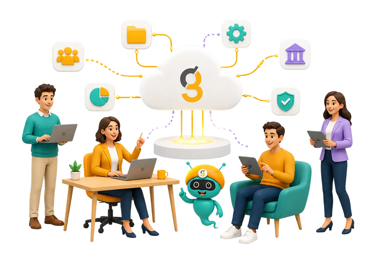 Équipe collaborant autour de la plateforme Segic et de l'assistant gIA, avec données et avantages