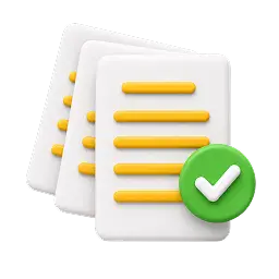 Illustration 3D représentant une pile de documents validés par un symbole de validation vert.