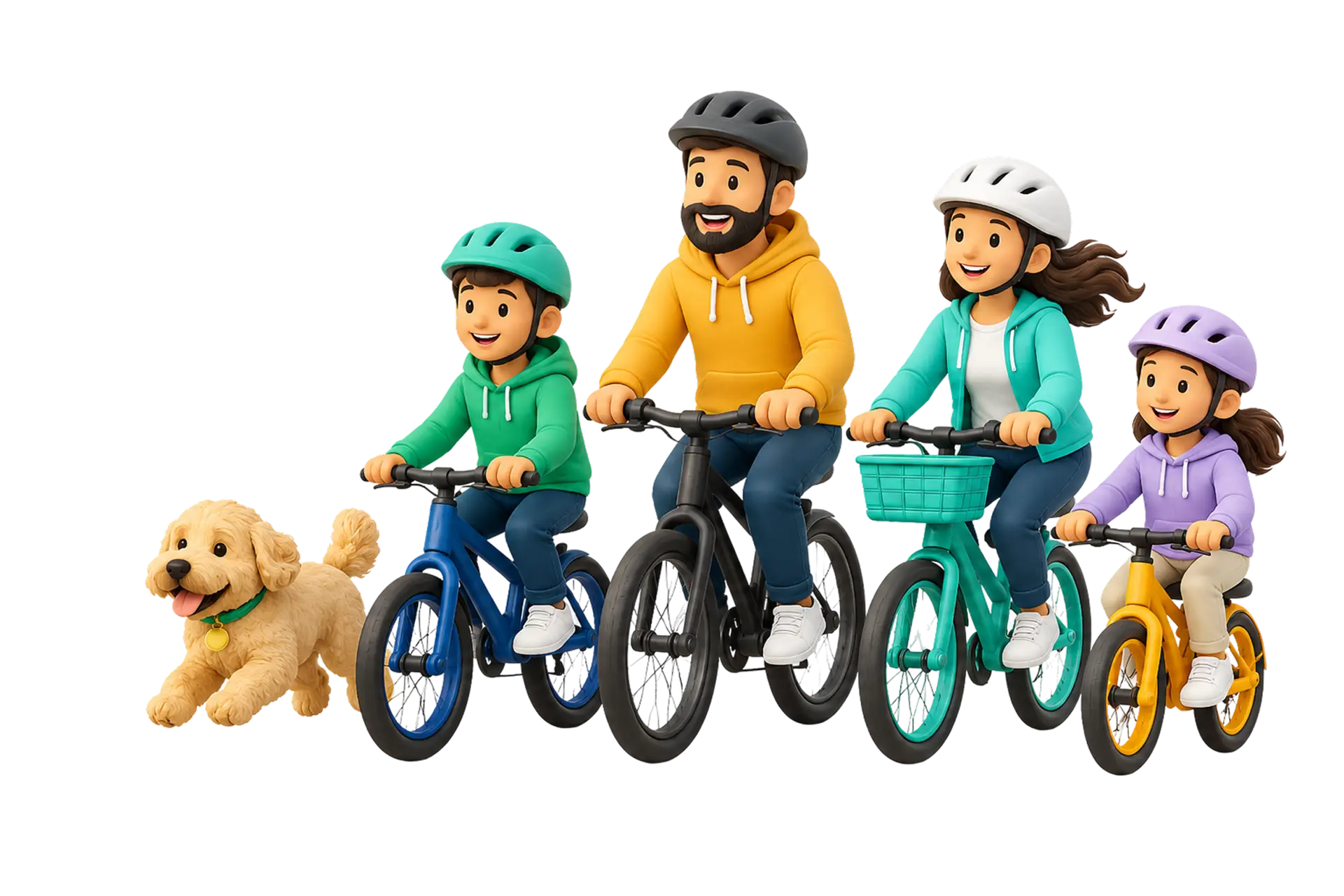 Famille de quatre personnes et leur chien à vélo, souriants et en santé — illustration Segic