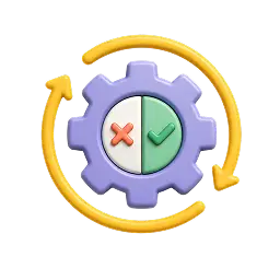 Engrenage entouré de flèches circulaires avec des symboles de validation, illustrant
