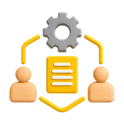 E roue dentée, un document et deux personnes connectées, illustrant la gestion administrative