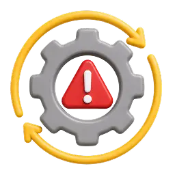 E roue dentée entourée de flèches circulaires avec un symbole d'alerte rouge, illustrant