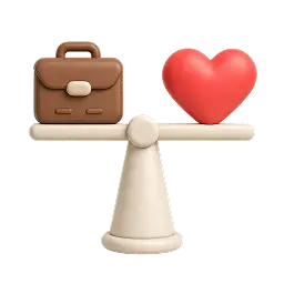 Icône 3D d'une balance avec une mallette et un cœur représentant l'équilibre entre le travail