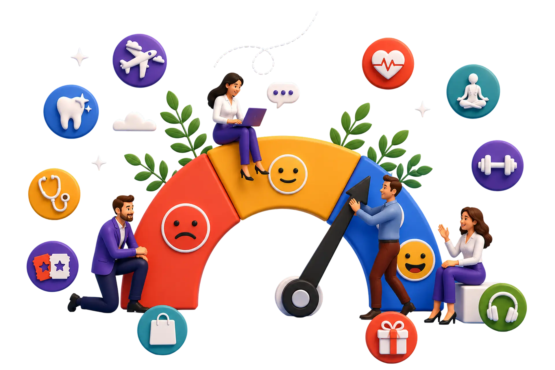 Utilisateurs interagissant avec un indicateur de satisfaction entouré d'avantages optionnels