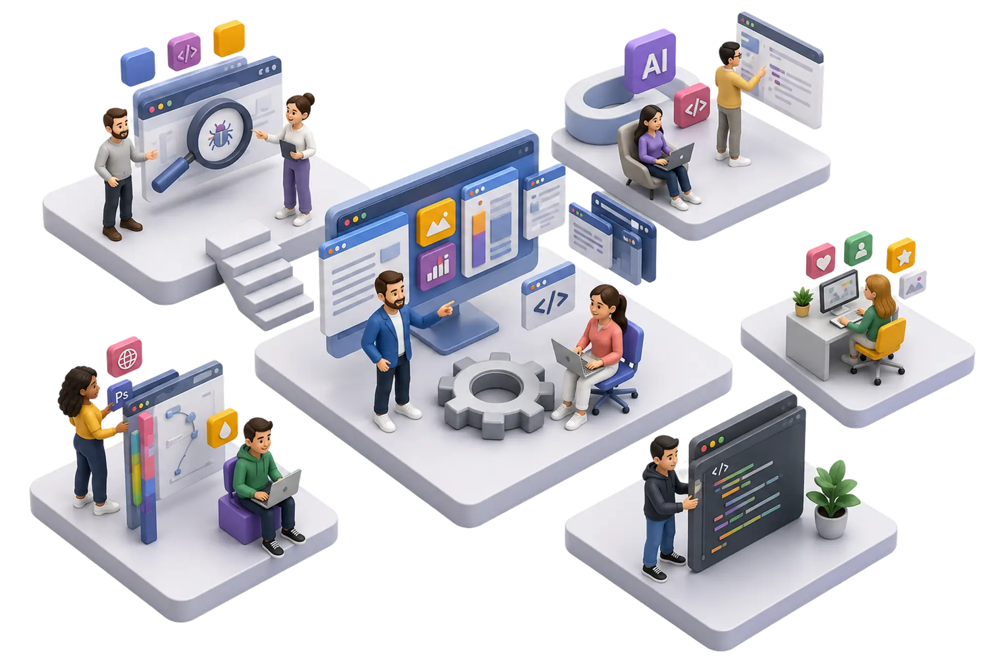 Illustration isométrique d'une équipe multidisciplinaire Segic au travail : développement