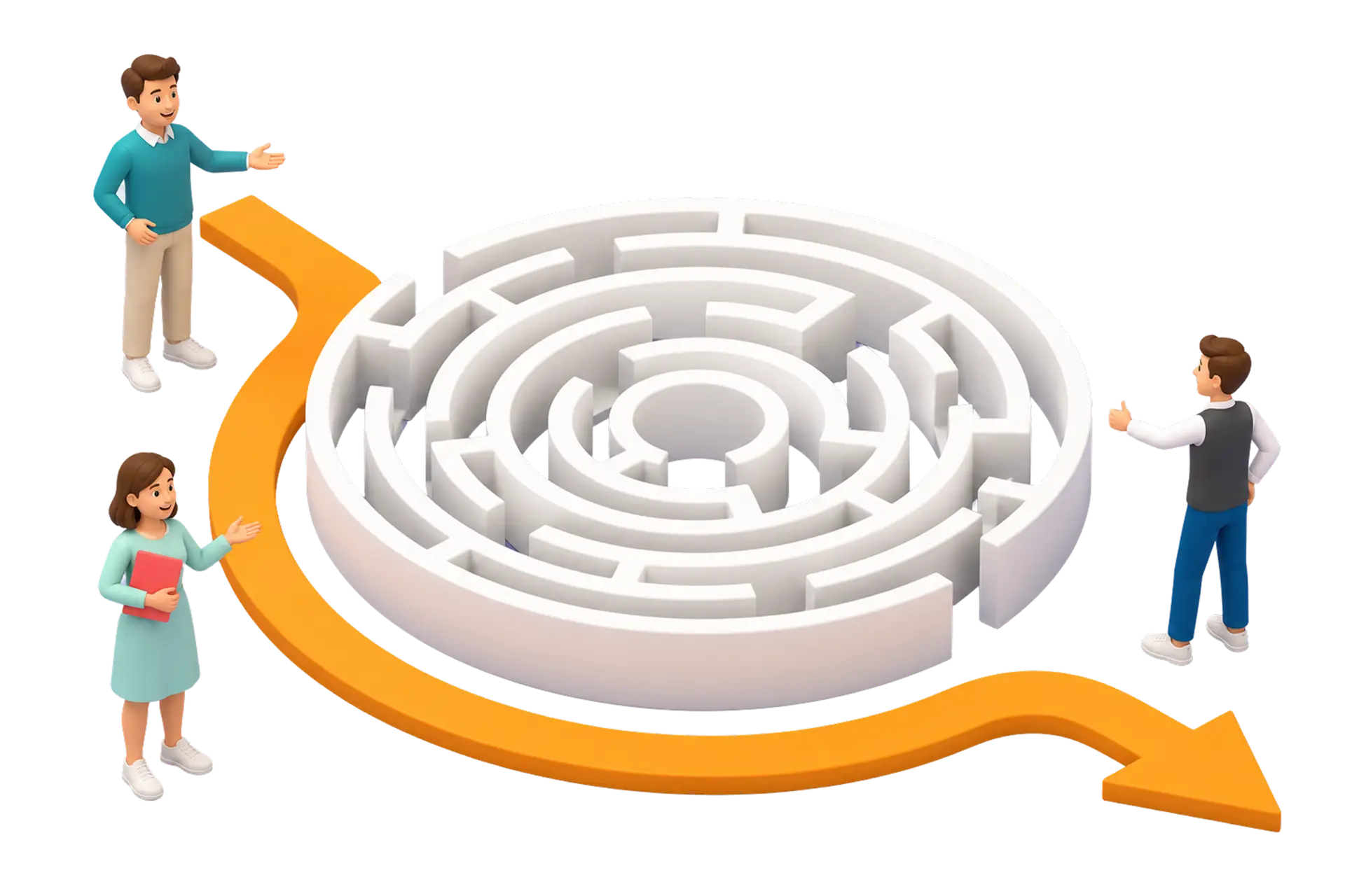 Trois personnes autour d'un labyrinthe, illustrant un processus d'évaluation permettant