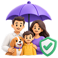 Une famille et son chien abrités sous un parapluie, avec un écusson de protection
